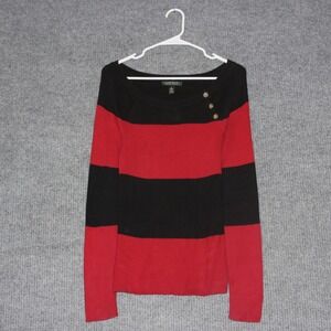 Lauren Ralph Lauren Sweater Womens L Red Striped Boat Neck Ribbed Knit Cotton